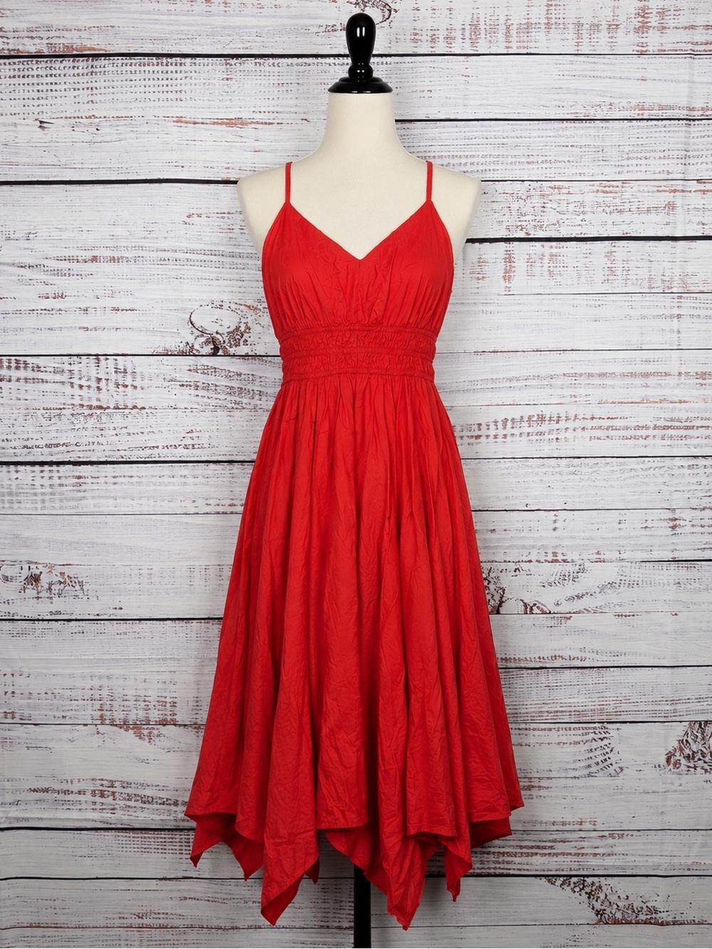 Dizzy Lizzy XL Red Smocked Cotton Handkerchief Hem Midi Dress Boho